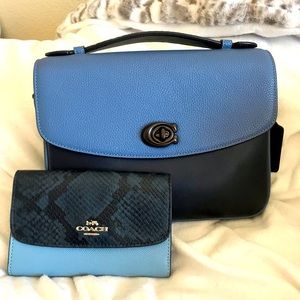 Coach Cassie With Matching Wallet Set / Snakeskin Top Handle / Washed Chambray